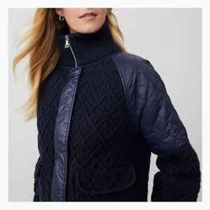 Ann Taylor Navy Quilted-Sleeve Knit Bomber Jacket